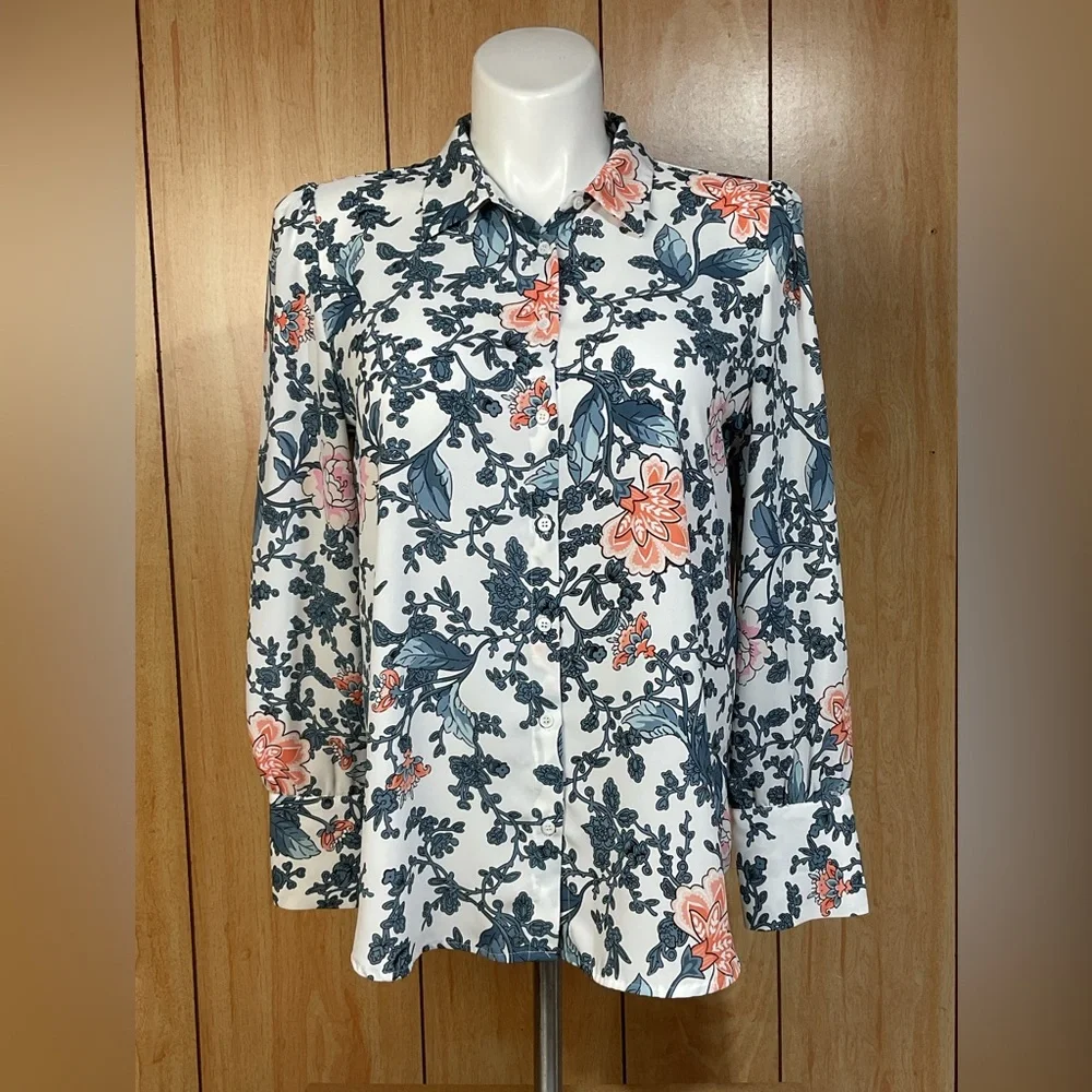 Tahari White Button-Down Blouse with Coral & Slate Floral Print SZ - L - Picture 1 of 6